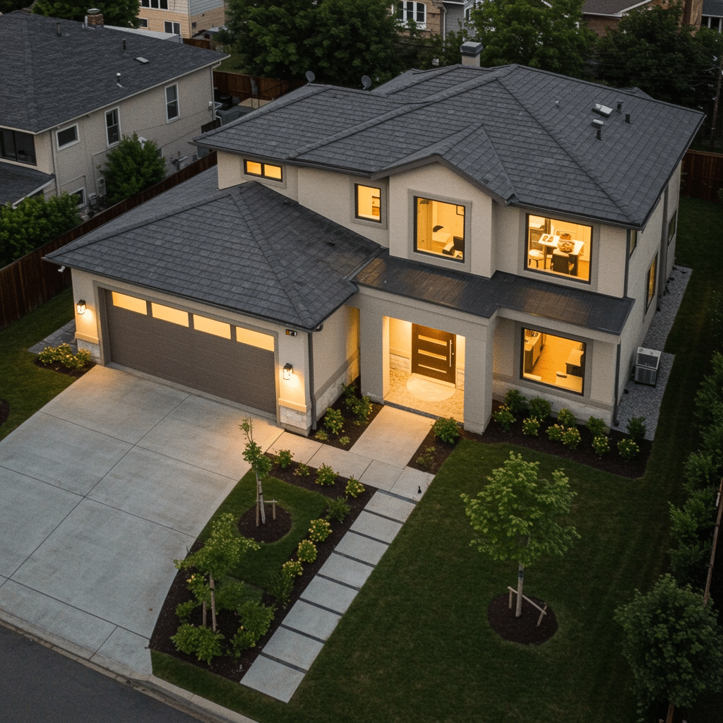 Aerial drone photo showing a modern residential property with crisp roof lines and landscaped yard, professionally lit with natural colors, ideal for real estate media showcasing home exteriors