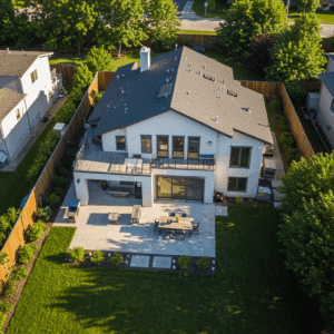 Aerial real estate photo of a modern home with landscaped backyard, demonstrating high-quality drone photography for real estate media services