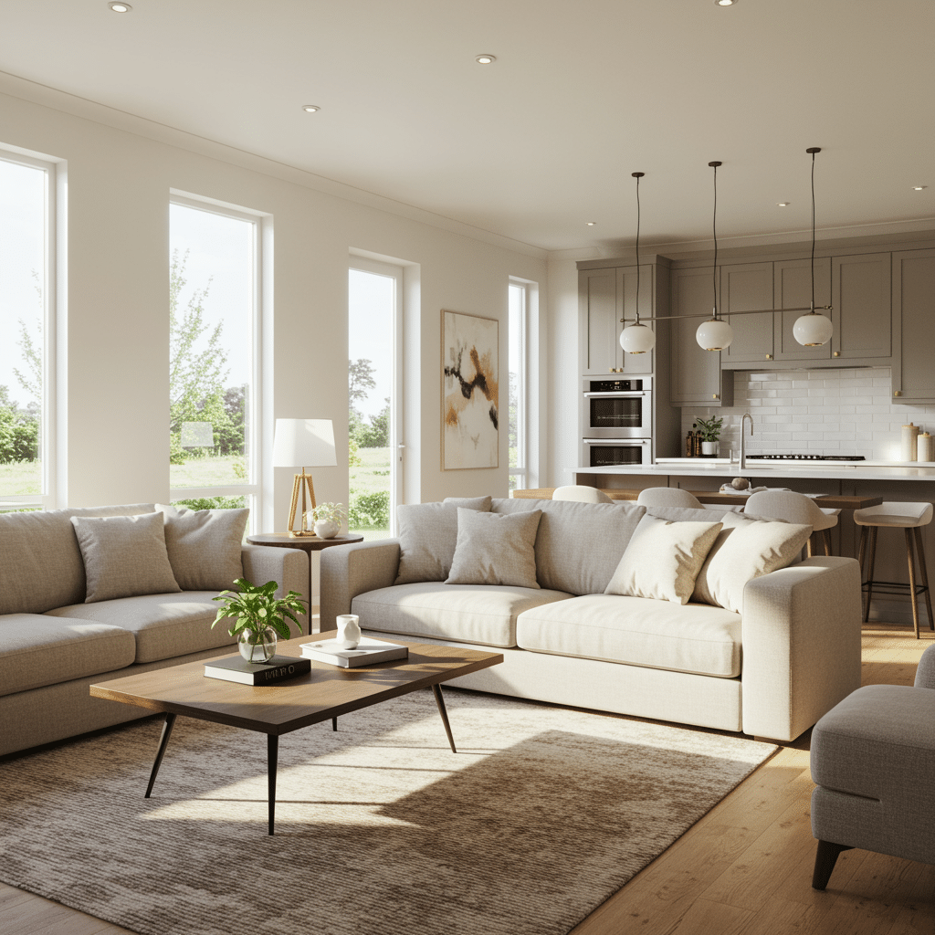 Beautiful modern living room and kitchen with open floor plan, natural light flooding the space, staged for virtual 3D real estate tour