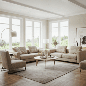 Spacious living room with contemporary furniture and natural light, showcasing a clean, staged interior for 3D real estate tours